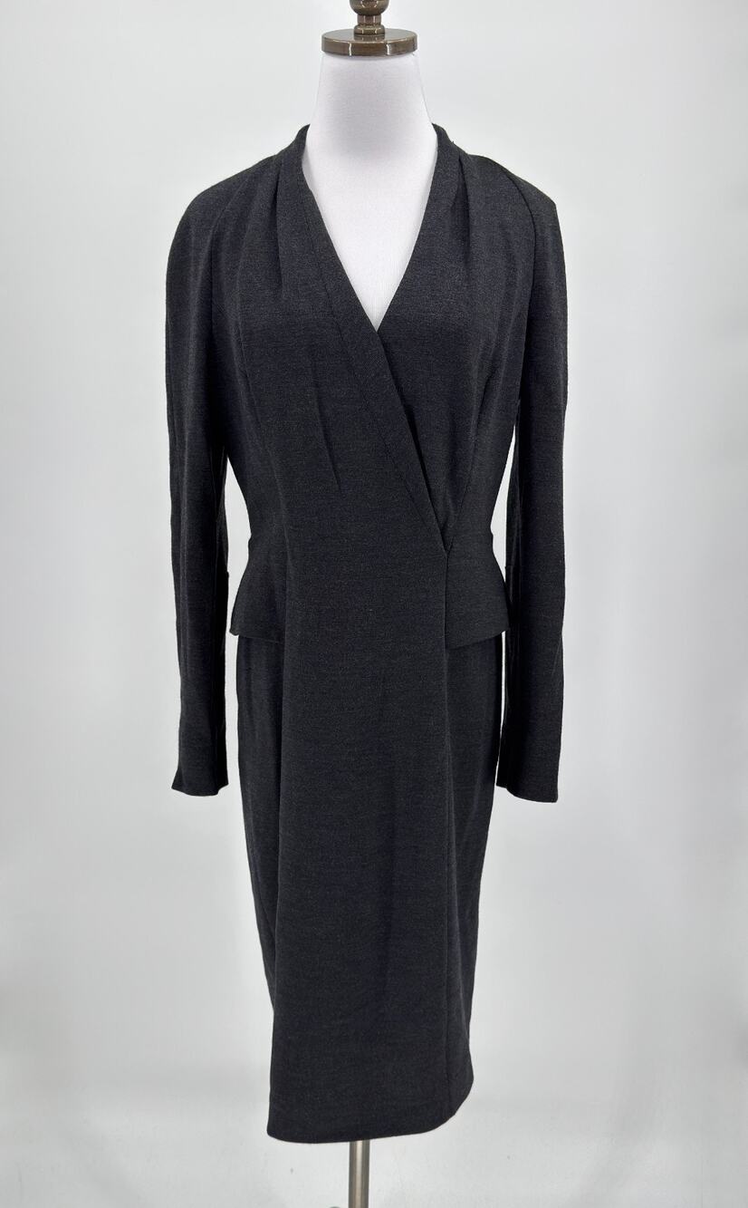 Escada Charcoal Gray Wool Cashmere Blend V Neck Long Sleeve Sheath Dress Sz 38/6